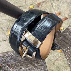 Fossil Black Croc Embossed Cowhide Leather Silver Brass Buckle Belt!